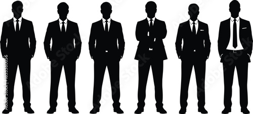 Businessmen silhouette, corporate team, professional attire, formal pose, office illustration, black and white, leadership concept, group stance, suit style, teamwork