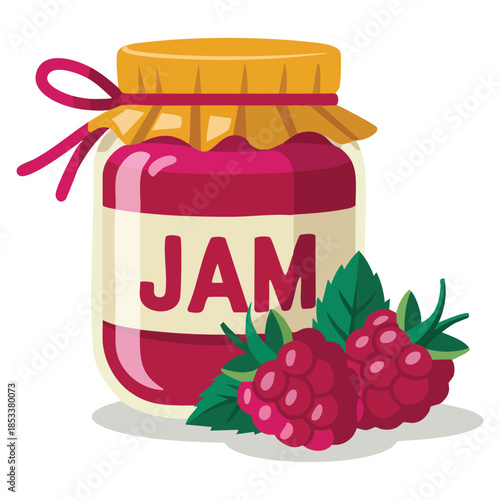 Glass jar of raspberry jam berry confiture vector illustration on white background suitable for dessert food packaging kitchen recipe or culinary themed designs