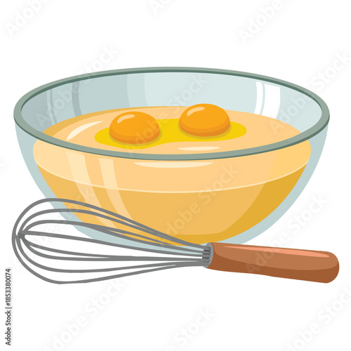 Glass bowl with raw eggs and whisk vector illustration suitable for whipping preparation baking cooking or food themed cartoon style artwork