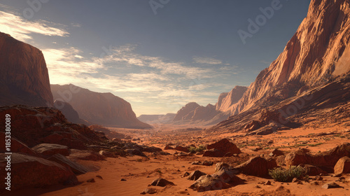 Mars landscape showing rock desert and sky concept. Stunning desert canyon landscape under a clear blue sky.