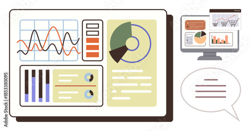 Interactive dashboard with graphs, pie chart, metrics, and speech bubble alongside secondary screens. Ideal for data analysis, business strategy, research, presentations, technology education