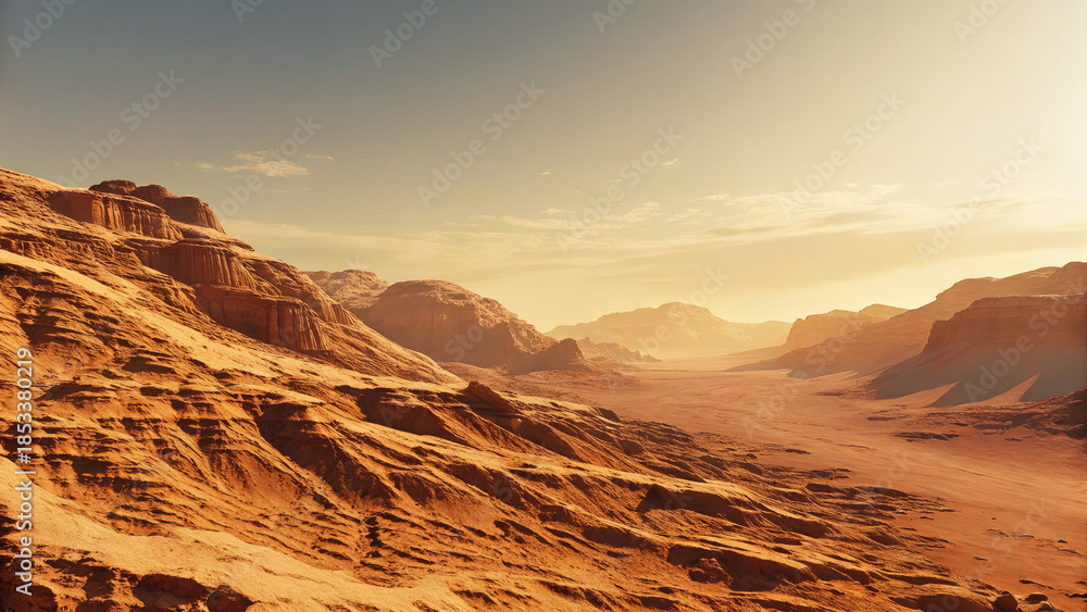 Naklejka premium Mars landscape showing rock desert and sky concept. Sunset over breathtaking desert landscape with rocky formations.