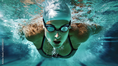 Athletic woman swimming underwater in clear pool concept. Swimmer underwater with goggles and cap in vibrant blue pool.