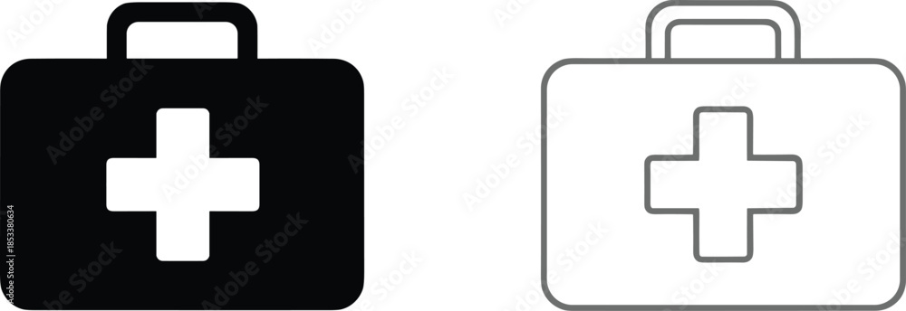 Fototapeta premium Medical first aid kit vector icon set in solid black and grey outline styles for emergency and healthcare designs.