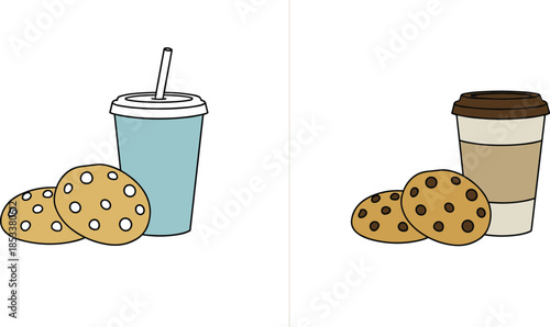 Hand drawn flat illustration of takeaway coffee cups and chocolate chip cookies representing a quick breakfast snack or cafe
