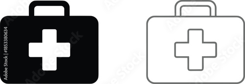 Medical first aid kit vector icon set in solid black and grey outline styles for emergency and healthcare designs.