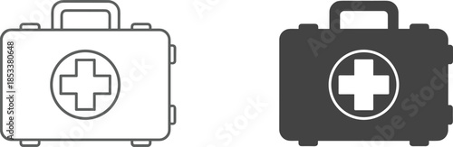 Medical first aid kit vector icon set in solid black and grey outline styles for emergency and healthcare designs.