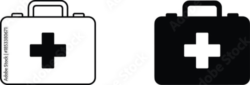 Medical first aid kit vector icons in outline and solid silhouette styles for emergency and healthcare concepts.