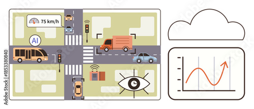 AI system monitors city traffic with sensors, connected cars, graphs, and cloud storage. Ideal for urban mobility, transport automation, smart cities, safety, data analysis connectivity simple flat