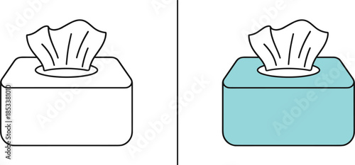 Minimalist tissue box vector icon set featuring line art and flat color styles for hygiene, cold and flu, health, and cleaning designs.