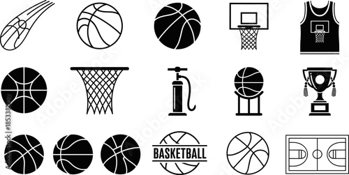 Basketball icons silhouette vector set featuring ball, hoop, court, uniform, trophy symbols collection for sports branding, training graphics, apps, and athletic design projects