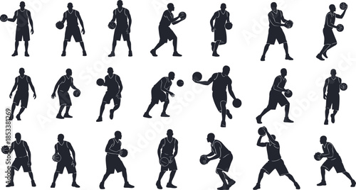 Basketball player silhouette vector collection with dribbling, shooting, passing poses, dynamic sportsman action icons for game design, fitness branding, posters, and illustrations