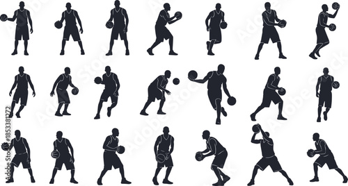 Basketball player silhouette vector set featuring dribbling, passing, shooting poses, athletic sportsman icons collection for game design, branding, posters, and fitness graphics