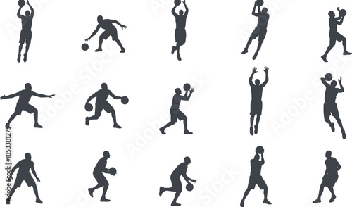 Basketball player silhouette vector set, black athlete dribbling passing shooting and jumping poses collection, sports action icons, dynamic training illustration isolated on white background