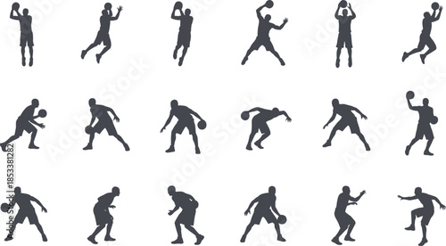 Basketball player silhouette vector set, black athlete dribbling shooting jumping poses collection, sports action icons, 