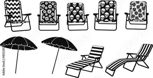 Beach chair and umbrella silhouettes vector set, summer lounge furniture illustration collection, outdoor vacation icons in black, seaside relaxation elements for branding design