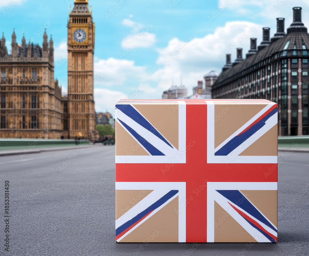 Fototapeta premium Union jack gift box big ben westminster bridge landmark tourism travel cityscape holiday souvenir Union jack gift box near clock tower westminster