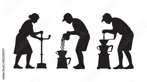 Women grinding coffee beans in traditional mortar with manual grinder in black silhouette on white background for coffee culture