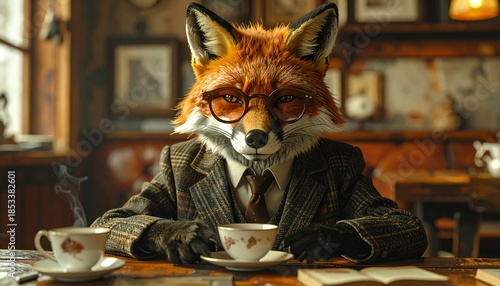 Clever fox character in sophisticated attire, wearing glasses and having tea in a cozy setting