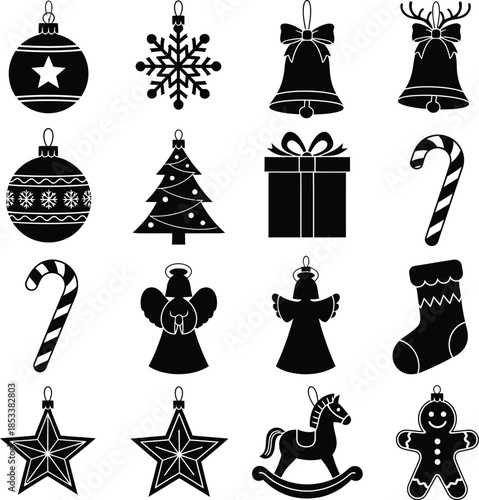 Christmas icons and symbols in black and white