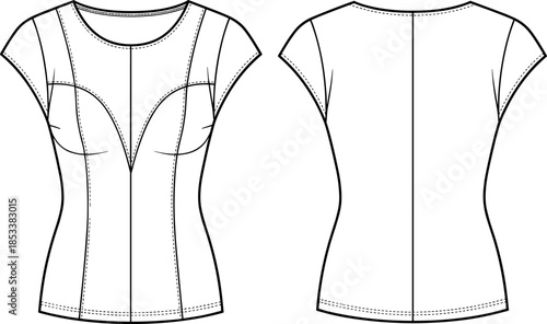 Fitted T-Shirt Technical Fashion Flat Sketch, Cap Sleeves, Princess Seams, Deep V-Panel Detail, Front and Back View CAD Template Vector.