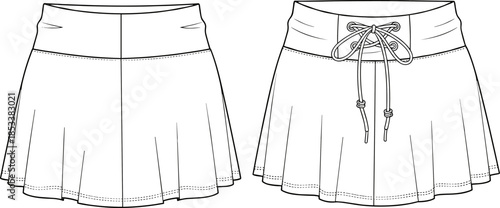Flared Mini Skirt Flat Sketch Technical Drawing, Wide Waistband, Back Lace-Up Detail, Activewear Sport Skirt, Tennis or Running Apparel Vector Template, Front and Back View.