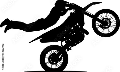 Freestyle motocross rider performing extreme midair stunt on dirt bike, dynamic silhouette capturing action, power, adrenaline, athletic movement, dramatic vector illustration design