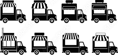 Food Truck and Street Food Vendor Vehicle Silhouettes Vector Illustration, Mobile Fast Food Stall with Awning and Service Window, Commercial Catering Graphic Elements Set.Food Truck and Street Food 