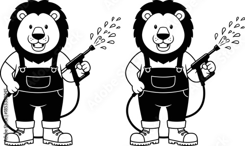 Friendly cartoon lion character holding a water spray gun in overalls, fun black and white vector illustration for cleaning, mascot branding and kids content