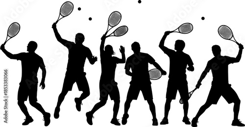 Group of Male Tennis Players Silhouette Vector Illustration in Various Dynamic Action Poses, Holding Rackets and Hitting Balls, Representing Competition and Active Lifestyle