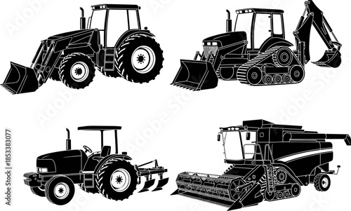 Heavy Farm Machinery and Agricultural Equipment Silhouettes Vector Illustration, Including Tractor with Loader, Backhoe, Plow, and Combine Harvester, Industrial Graphic Elements.