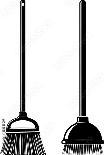 High-contrast vector illustration showing detailed broom and plunger cleaning tools, essential for household hygiene, sanitation maintenance, janitorial services,