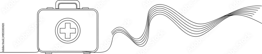 Fototapeta premium Continuous line drawing of a first aid kit medical box icon with abstract wave for healthcare emergency rescue services and clinical treatment branding.