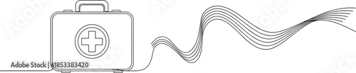 Continuous line drawing of a first aid kit medical box icon with abstract wave for healthcare emergency rescue services and clinical treatment branding.