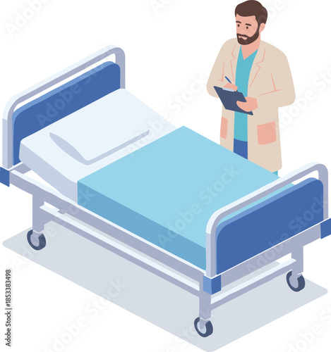 Professional isometric hospital bed vector illustration with a doctor taking notes for medical healthcare services patient clinical treatment