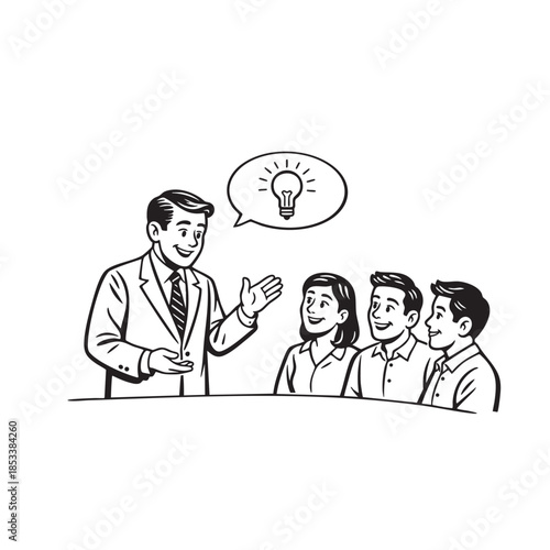 Monochrome line art illustration, flat cartoon retro style, two business partners shaking hands, simple friendly expressions