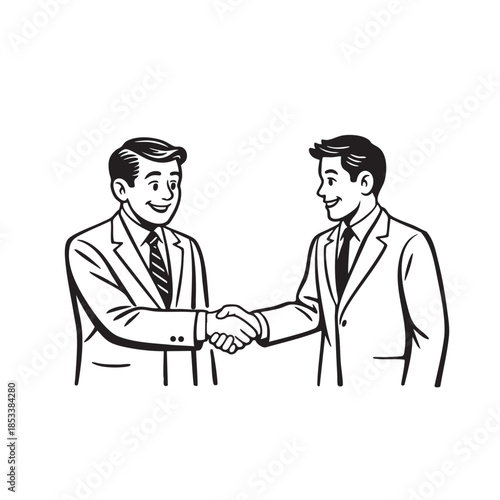 Monochrome line art illustration, flat cartoon retro style, two business partners shaking hands, simple friendly expressions