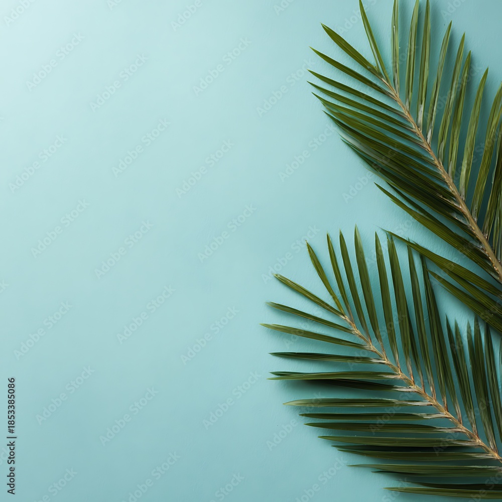 Fototapeta premium Palm leaf on turquoise background for tropical design and decoration
