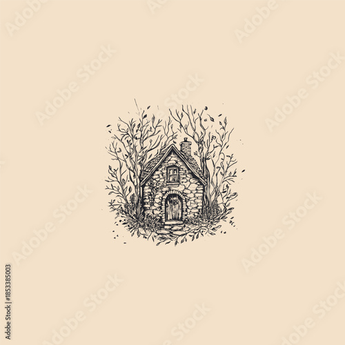 Hand-drawn vintage sketch of a rustic stone cottage surrounded by pine trees in a peaceful forest landscape