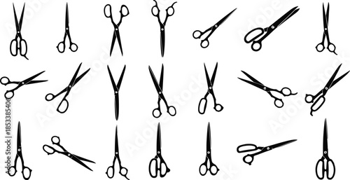 Collection of various scissor silhouettes set, professional hair cutting shears, tailor tools, and office stationery icons, vector illustration isolated on white background, design.