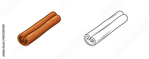 Dried cinnamon stick in cartoon and line art styles brown color for culinary spice or herbal medicine and seasonal winter decoration on white background