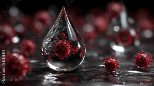 Vivid 3D illustration of red virus particles within a clear liquid droplet, representing infectious disease, global health challenges, and medical research efforts
