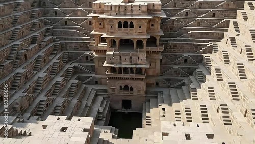 High Angle View of Ancient Chand Baori Stepwell with Geometric Stone Staircases in Rajasthan