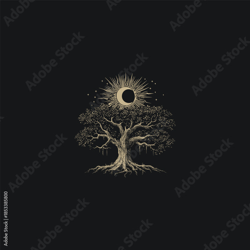 Hand drawn vintage mystical tree of life with celestial sun and crescent moon symbol