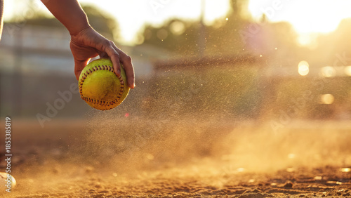 Softball pitcher hand releasing fastball concept. A hand releasing a softball on a dusty field at sunset.