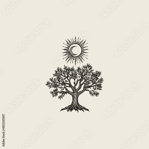Hand drawn vintage mystical tree of life with celestial sun and crescent moon symbol