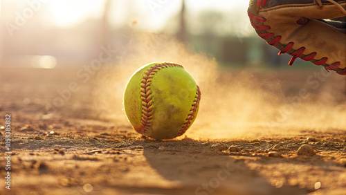 Softball pitcher hand releasing fastball concept. A vibrant yellow softball rolling on a dusty field at sunset.