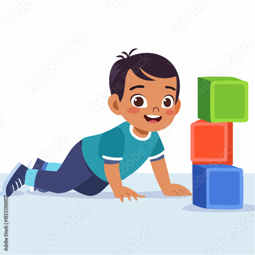 Happy Toddler Boy Crawling and Stacking Colorful Building Blocks on Floor