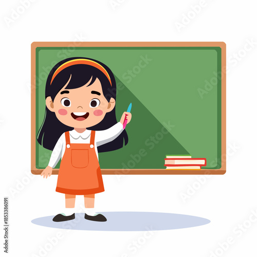 Happy cartoon schoolgirl with chalk at green chalkboard. Education and learning concept.