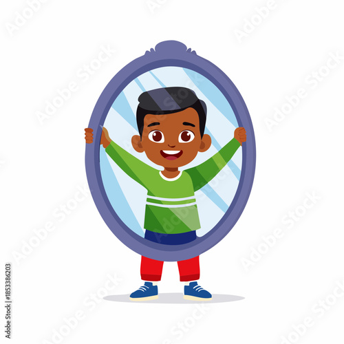Happy young boy holding an oval mirror, his reflection smiling back. Positive self-image and self-discovery concept.